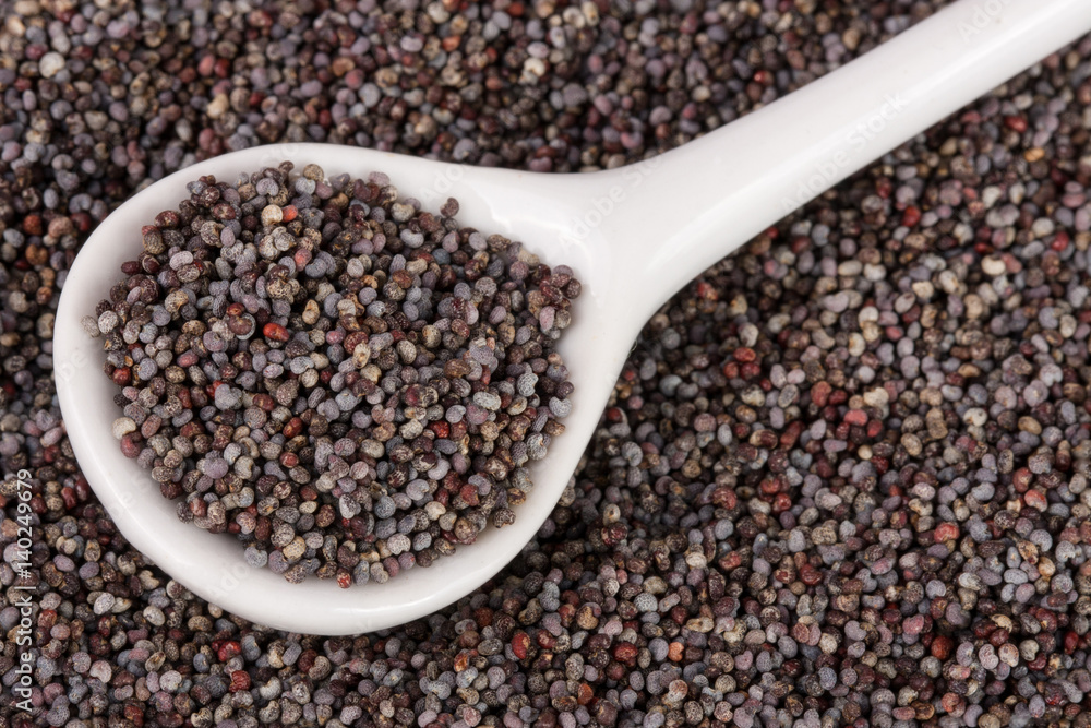 poppy seeds with a spoon as background close-up. Top view poppy seeds with a spoon as background close-up. Top view