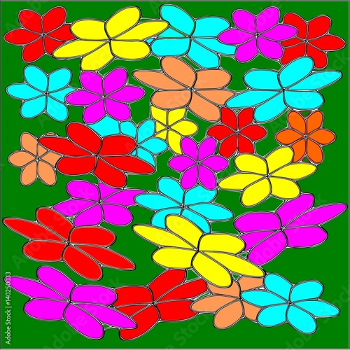 Abstract green background of large colored pink and blue and red and yellow flowers with a black stroke superimposed throughout the drawing