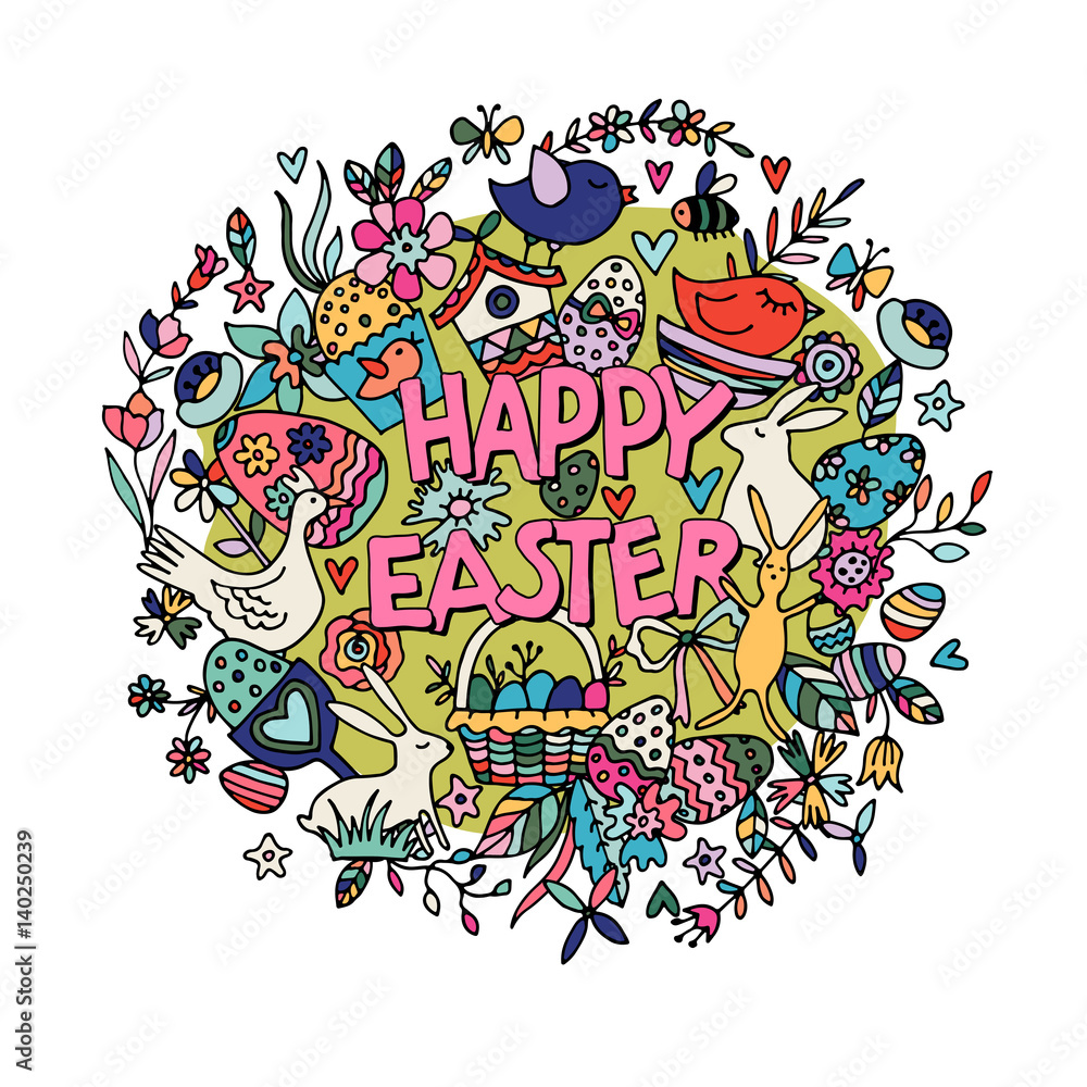 Cartoon vector hand drawn Doodle Happy Easter illustration.