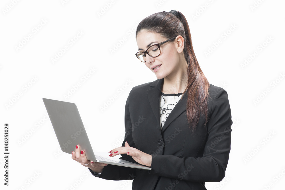 Young successful career woman holds her laptop Young successful career woman holds her laptop