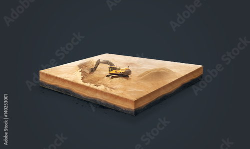 3d illustration of a soil slice, excavation work on Sand quarry isolated on dark background