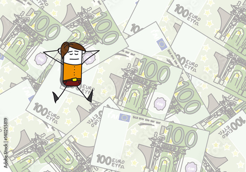 Personnage se reposant sur un tas de billets de 100 euros