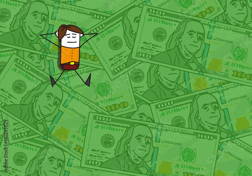 Personnage qui dort sur un tas de billets de 100 dollars