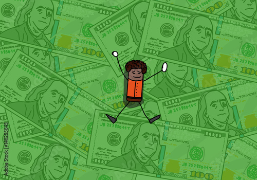 Personnage qui dort sur un tas de billets de 100 dollars