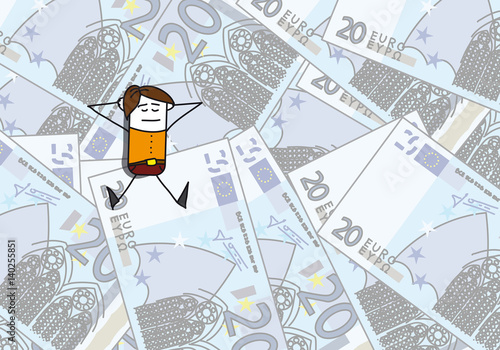 Personnage qui dort sur un tas de billet de 20 euros