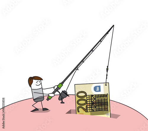 Personnage qui retire un billet de 200€ d'une tirelire