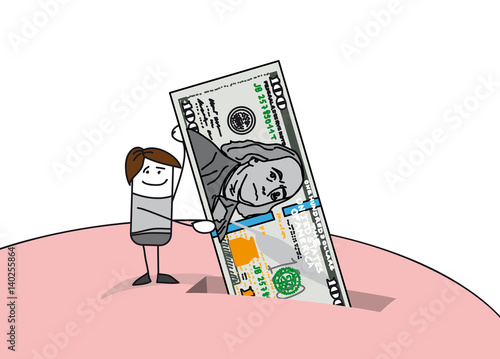 Personnage tient un billet de 100 dollars