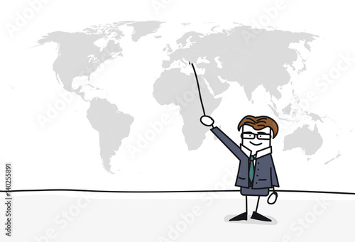 Personnage qui présente la carte du monde : Albanie