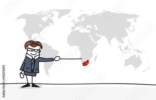 Personnage qui présente la carte du monde : Afrique du sud