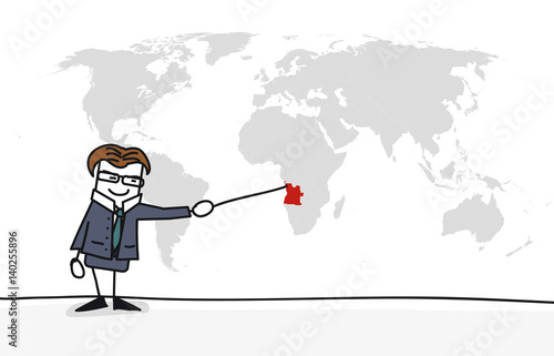 Personnage qui présente la carte du monde : Angola