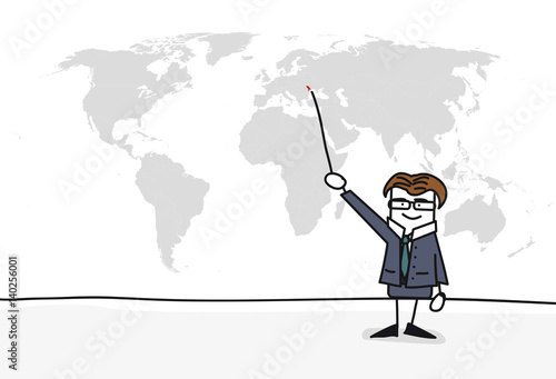 Personnage qui présente la carte du monde :
