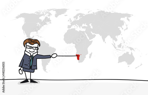 Personnage qui présente la carte du monde :
