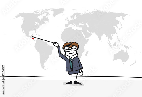 Personnage qui présente la carte du monde :