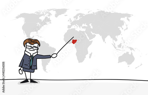 Personnage qui présente la carte du monde :