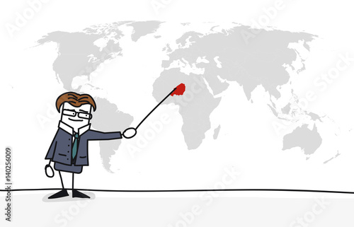 Personnage qui présente la carte du monde :