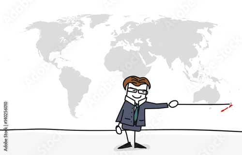 Personnage qui présente la carte du monde :