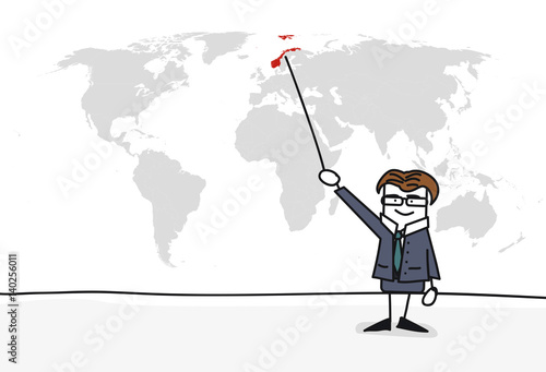 Personnage qui présente la carte du monde :