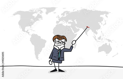 Personnage qui présente la carte du monde :