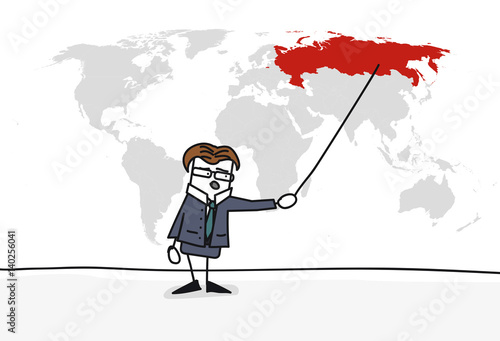 Personnage qui présente la carte du monde : Russie
