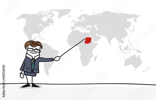 Personnage qui présente la carte du monde : Soudan