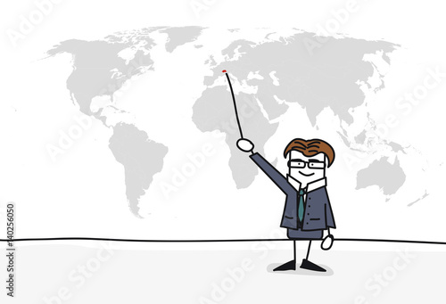 Personnage qui présente la carte du monde : Suisse
