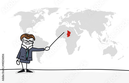 Personnage qui présente la carte du monde : tchad