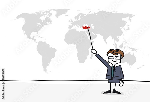 Personnage qui présente la carte du monde : Turquie