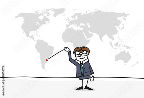 Personnage qui présente la carte du monde : uruguay