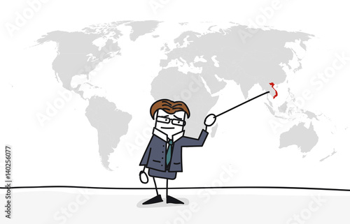 Personnage qui présente la carte du monde : Vietnam  - Asie