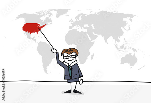 Personnage qui présente la carte du monde : -Etats Unis