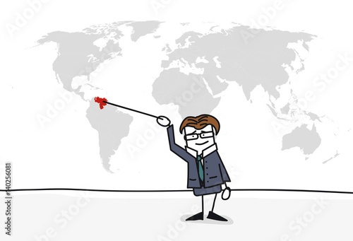 Personnage qui présente la carte du monde : Vénézuela