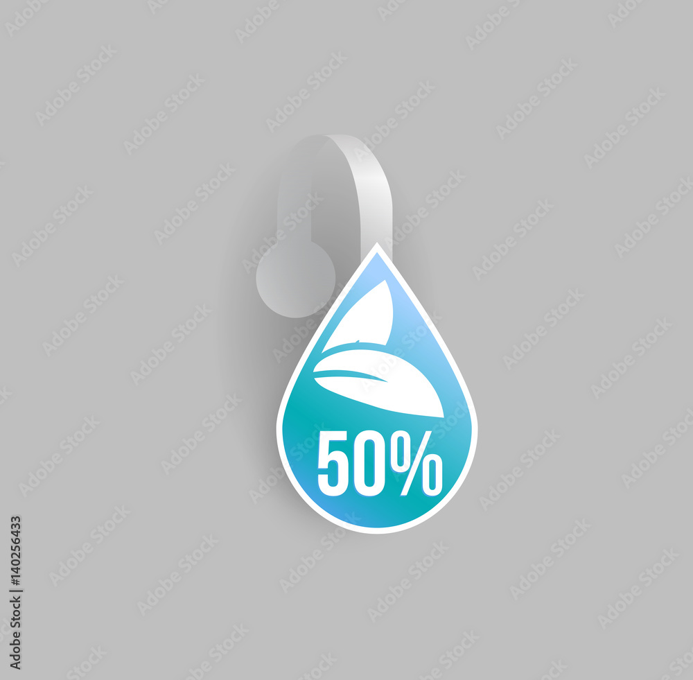 Vector blue water drop shape wobbler mockup with transparent strip and grey background. Sale message template for your hanging shelf tag design. Vector blue water drop shape wobbler mockup with transparent strip and grey background. Sale message template for your hanging shelf tag design.