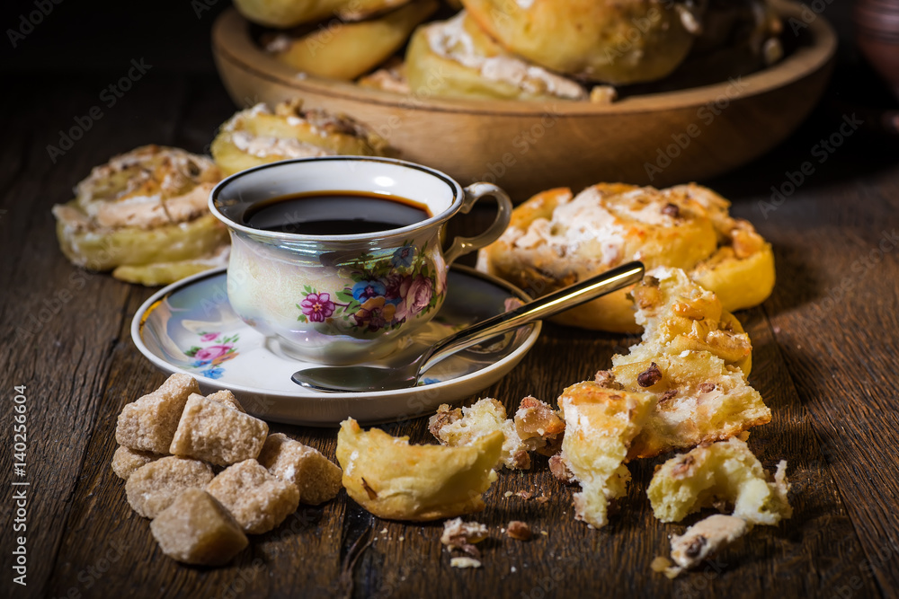 Fresh sweet cake and fragrant coffee Fresh sweet cake and fragrant coffee