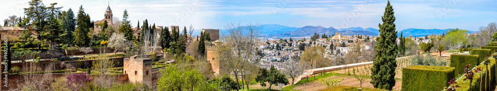 Panoramic Landscape of the Alhambra in Granada, Spain. 