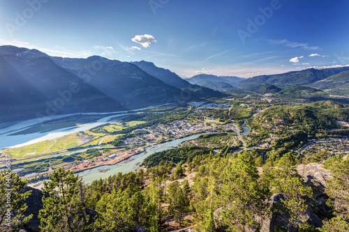 Squamish town from the summit of the stawamus chief, British Combia, Canada photo
