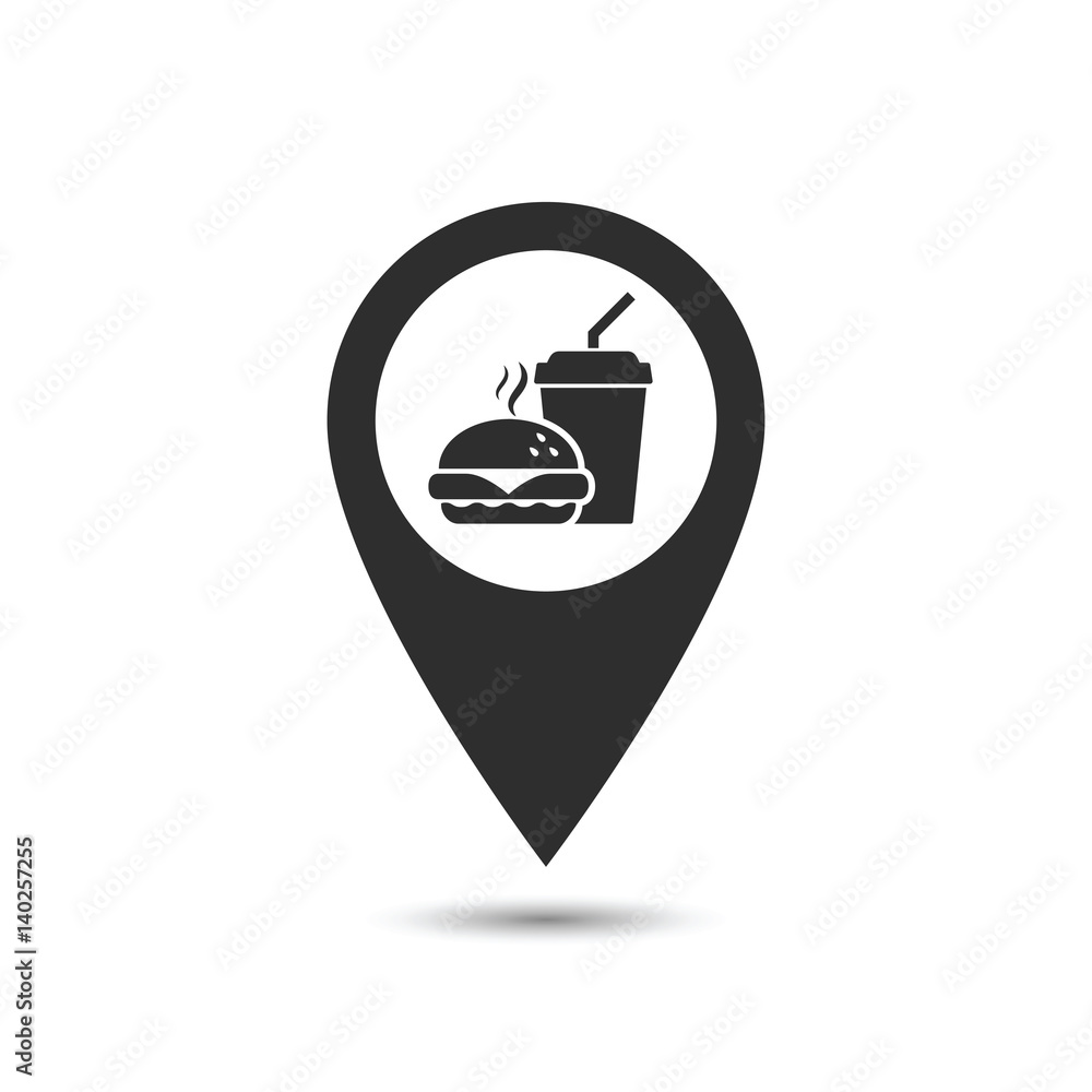 Map pointer with fast food icon. Vector location sign. Map pointer with fast food icon. Vector location sign.