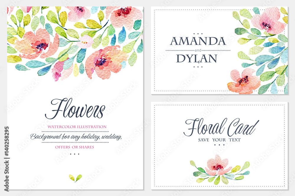 Watercolor set of  backgrounds with lovely pink flowers.