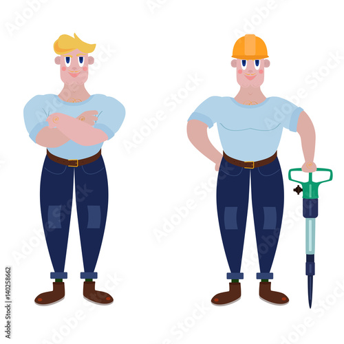 A strong worker with a jackhammer and a helmet or standing with his arms crossed. A man of muscle with arms crossed in a T-shirt and jeans
