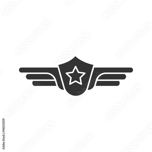 Pilot label icon. Silhouette symbol. Negative space. Shield with wings insignia vector isolated illustration.