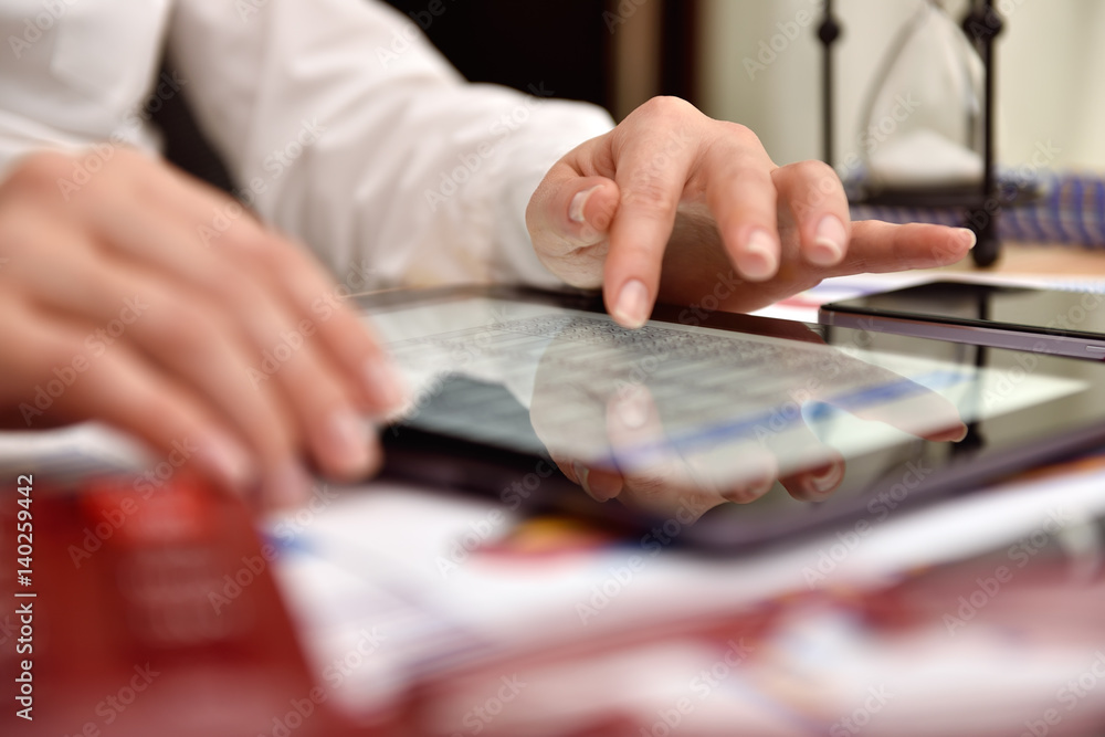 woman hand analyzing income data woman hand analyzing income data
