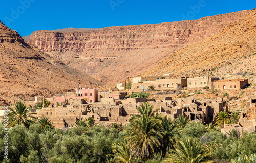 A village with traditional kasbah houses in Ziz Valley, Morocco