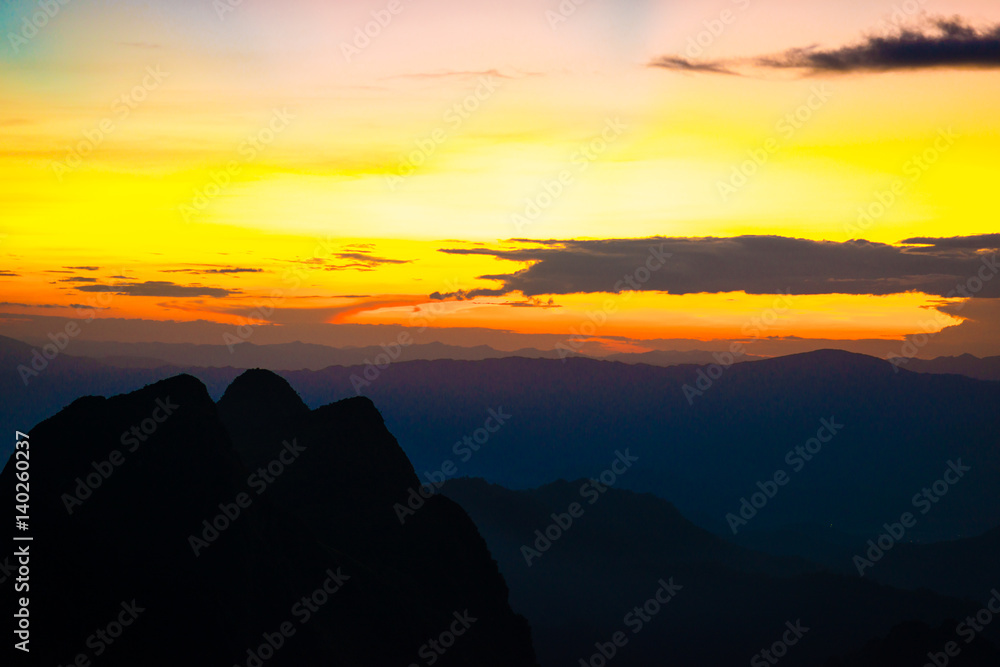 Natural sunset on the peak of mountain