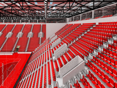 Beautiful sports arena for handball with red seats and VIP boxes