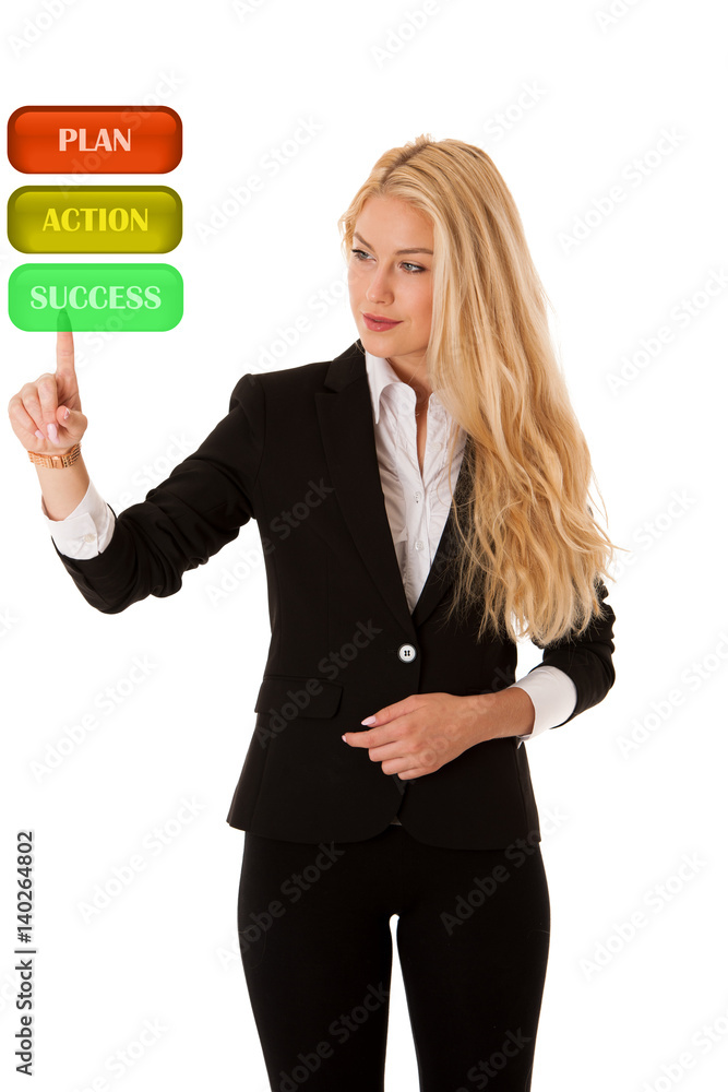 business woman pressing virtual button isolated over white business woman pressing virtual button isolated over white