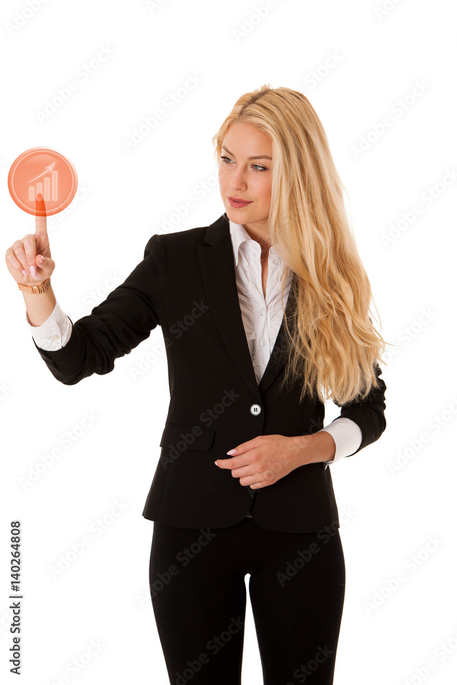 business woman pressing virtual button isolated over white business woman pressing virtual button isolated over white