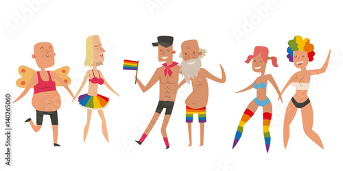 Homosexual gay and lesbian people marriage man, woman couples family and colors free love ceremony community characters tolerance symbol vector illustration.