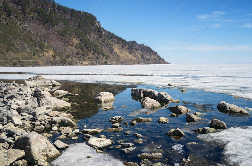 Spring in the south of Lake Baikal in Circum-Baikal railroad