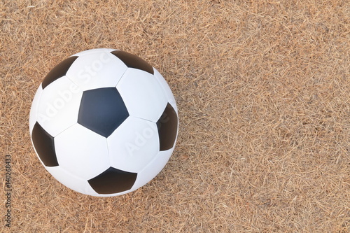 Football or soccer ball on the lawn with copy space for text, outdoor activities.
