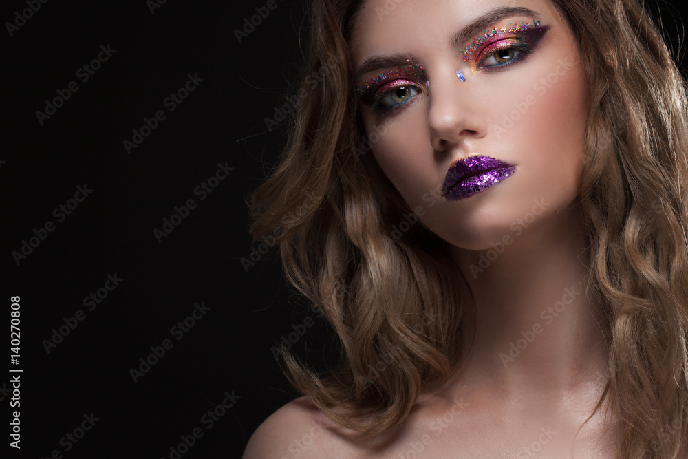 Fototapeta premium Young beautiful girl with creative make up. Attractive blonde, close-up