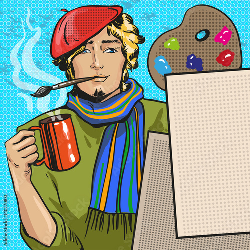 Vector illustration of painter in retro pop art comic style